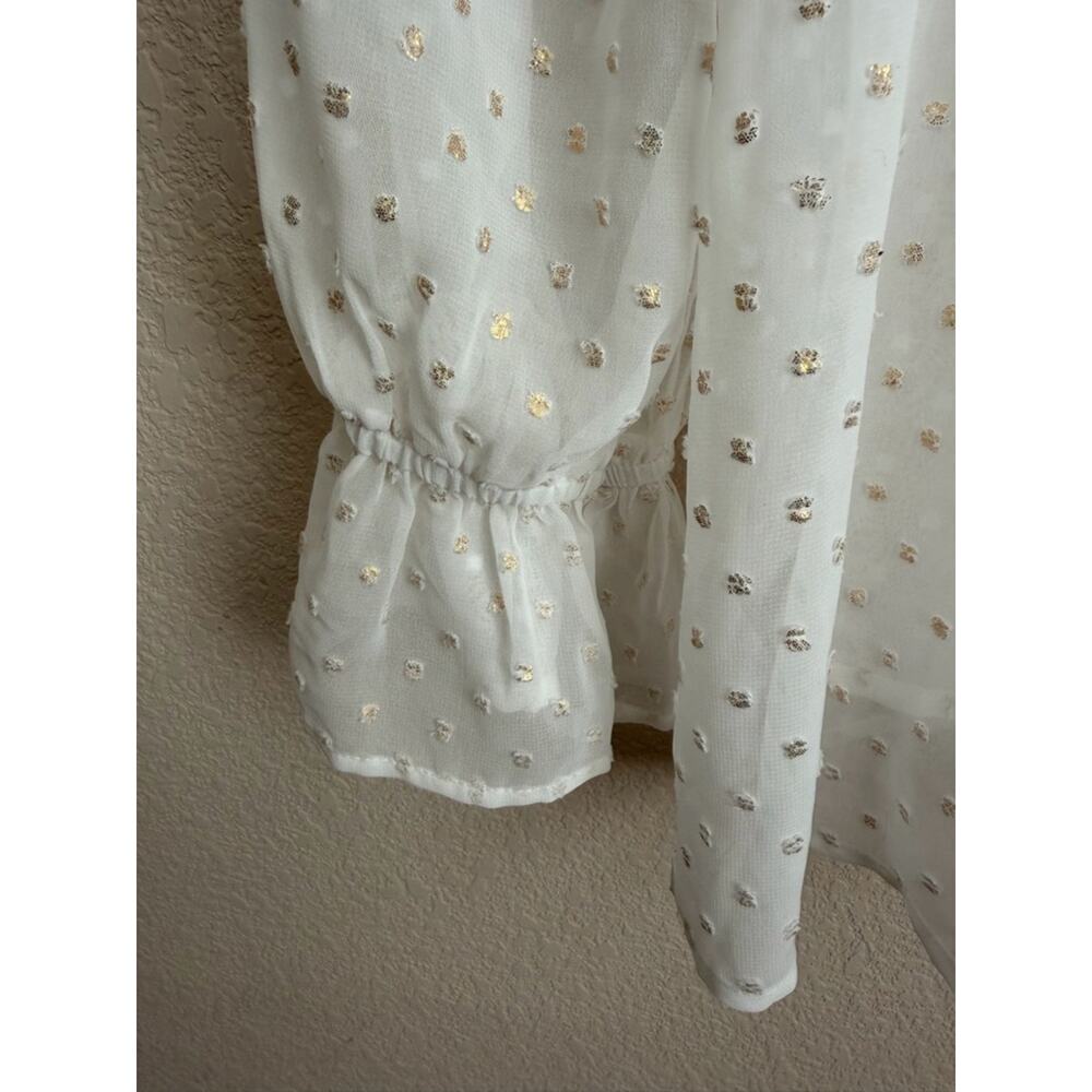 Lane Bryant Metallic Swiss Dot Peasant Blouse 14/16 White Gold Sheer Boho Top - Picture 7 of 10
